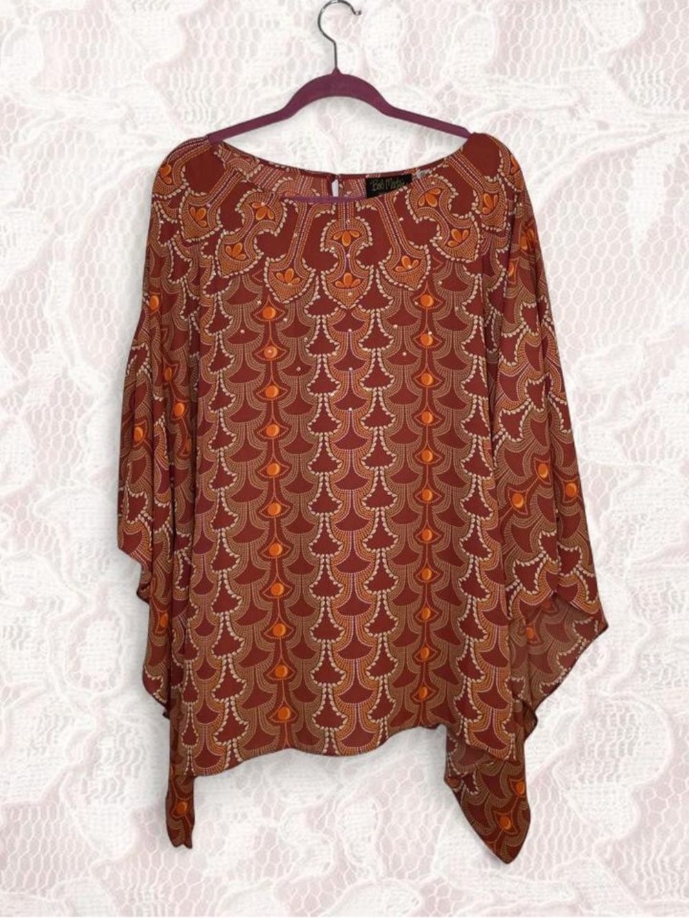Bob Mackie Wearable Art Kimono Blouse Rust Print 2X